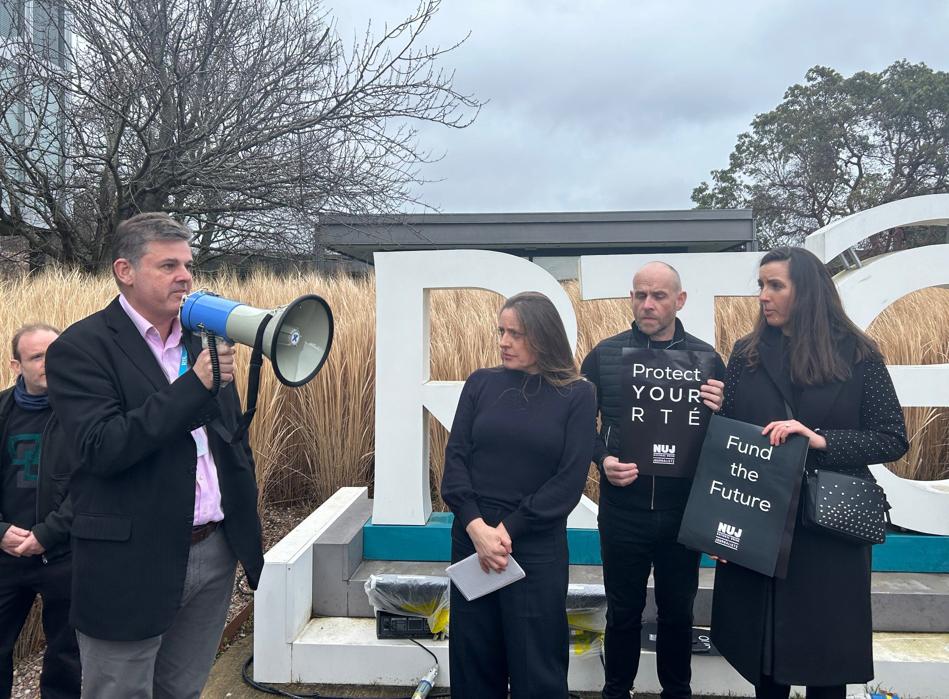 RTE director general Kevin Bakhurst speaks to staff during a demonstration at the Donnybrook campus in Dublin.