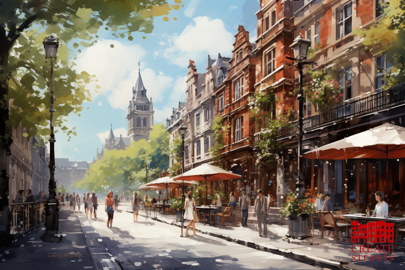 Illustration of a busy street with buildings, trees, and people.