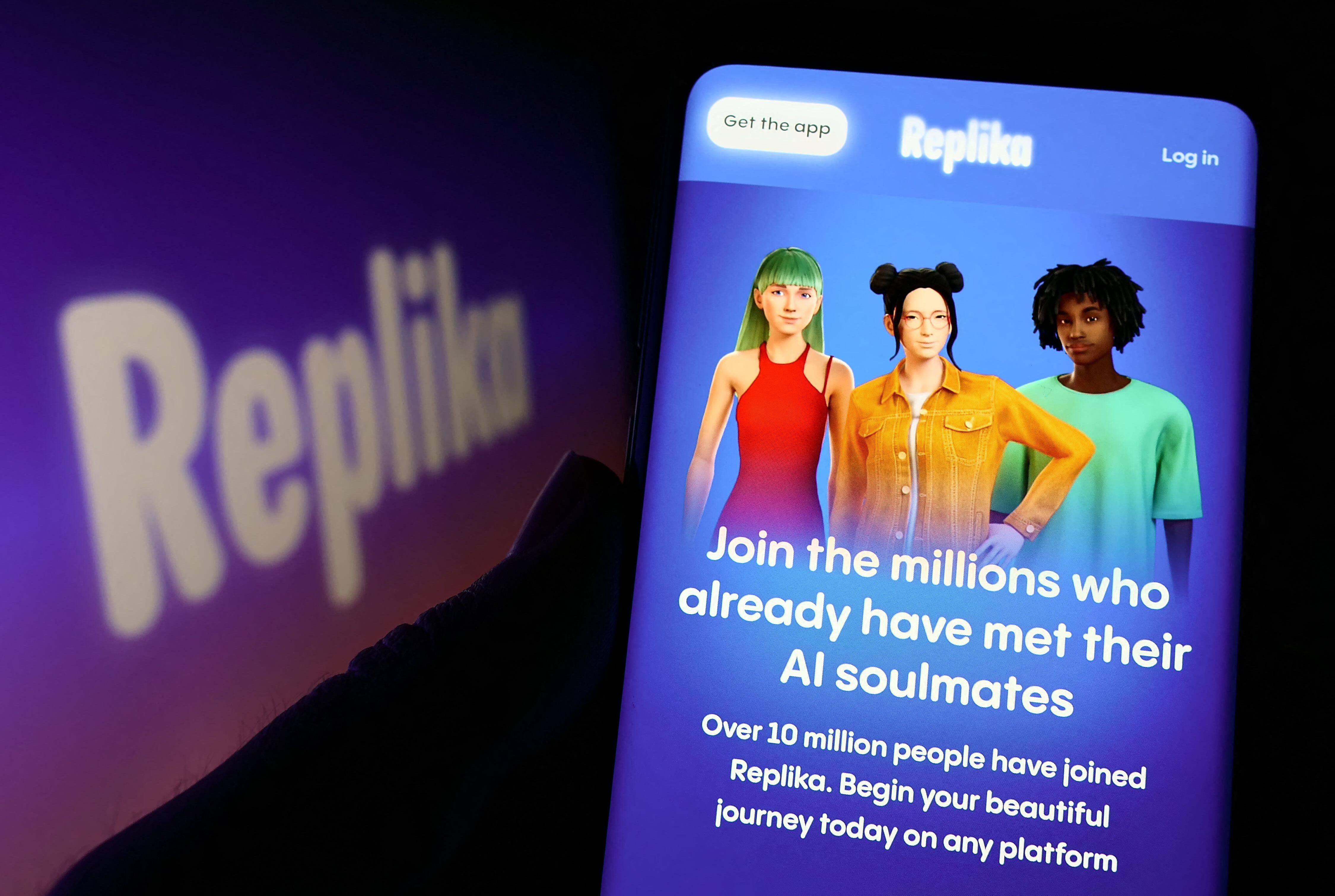 Cellphone displaying the Replika AI webpage with text about joining millions who have met their AI soulmates.