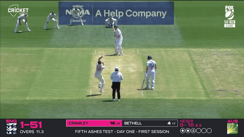 A cricket bowler in white uniform bowls to a batsman while an umpire stands behind him, with three fielders in the background.