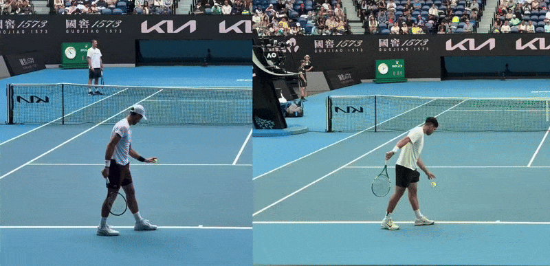 A GIF of tennis players Carlos Alcaraz and Jannik Sinner performing a tennis ball routine before a serve.