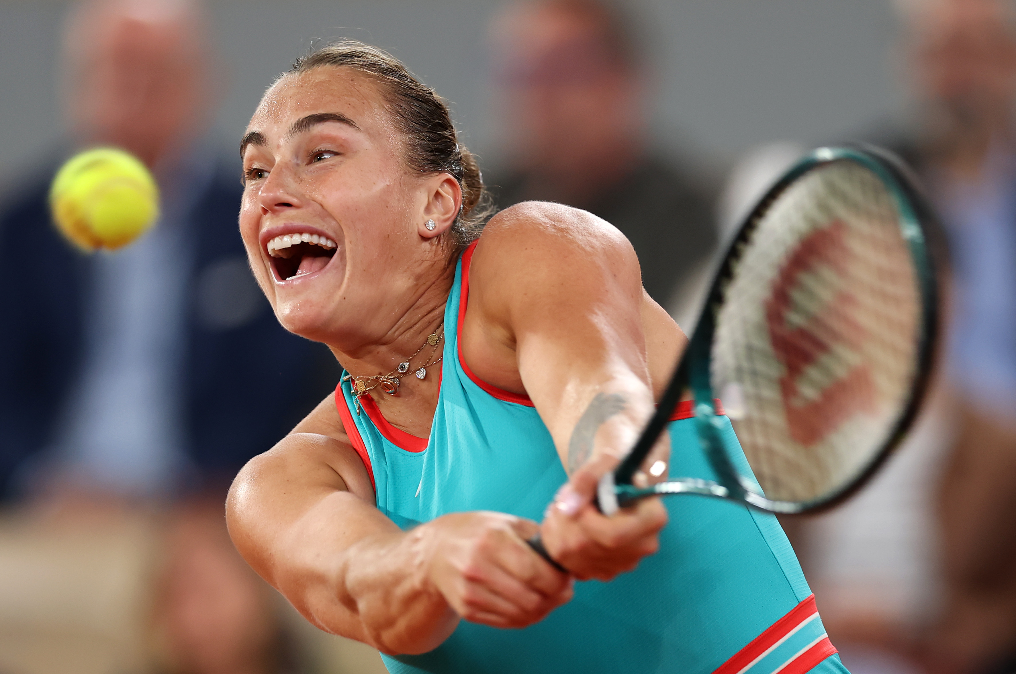 Aryna Sabalenka playing a backhand during the French Open.