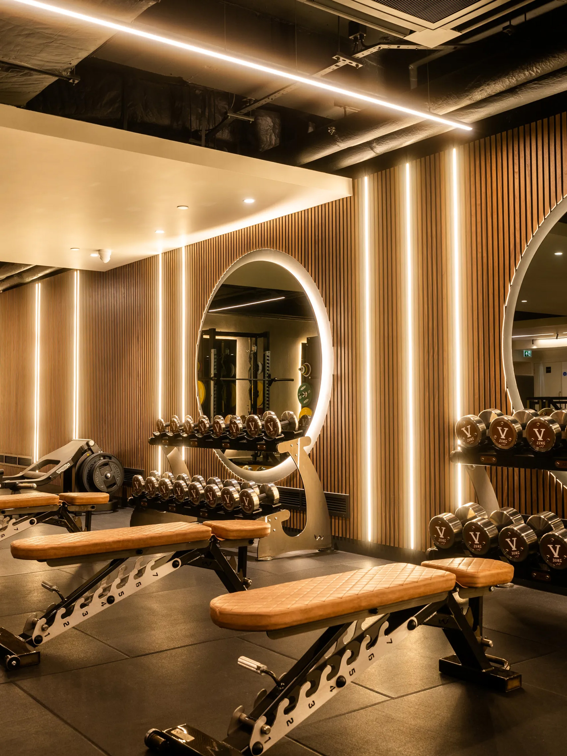 A V London gym with light-colored, wood-paneled walls, multiple rows of dumbbells, and weight benches.