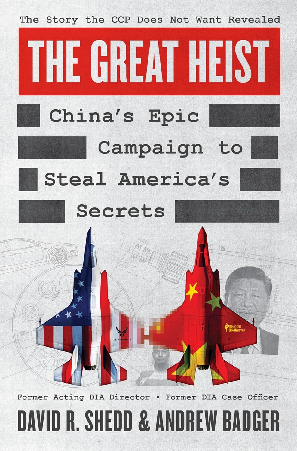 Illustration of two fighter jets, one with the US flag and the other with the Chinese flag, on a background of blueprints, with text "The Great Heist: China's Epic Campaign to Steal America's Secrets."