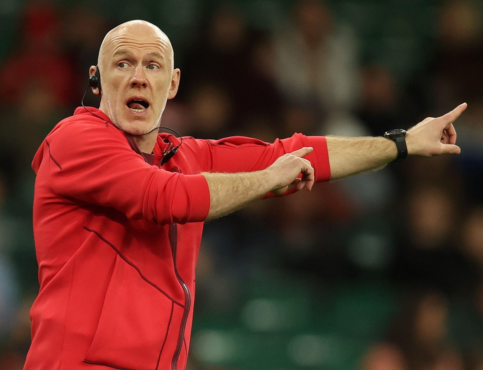 Steve Tandy, Wales men's rugby head coach, pointing during training.