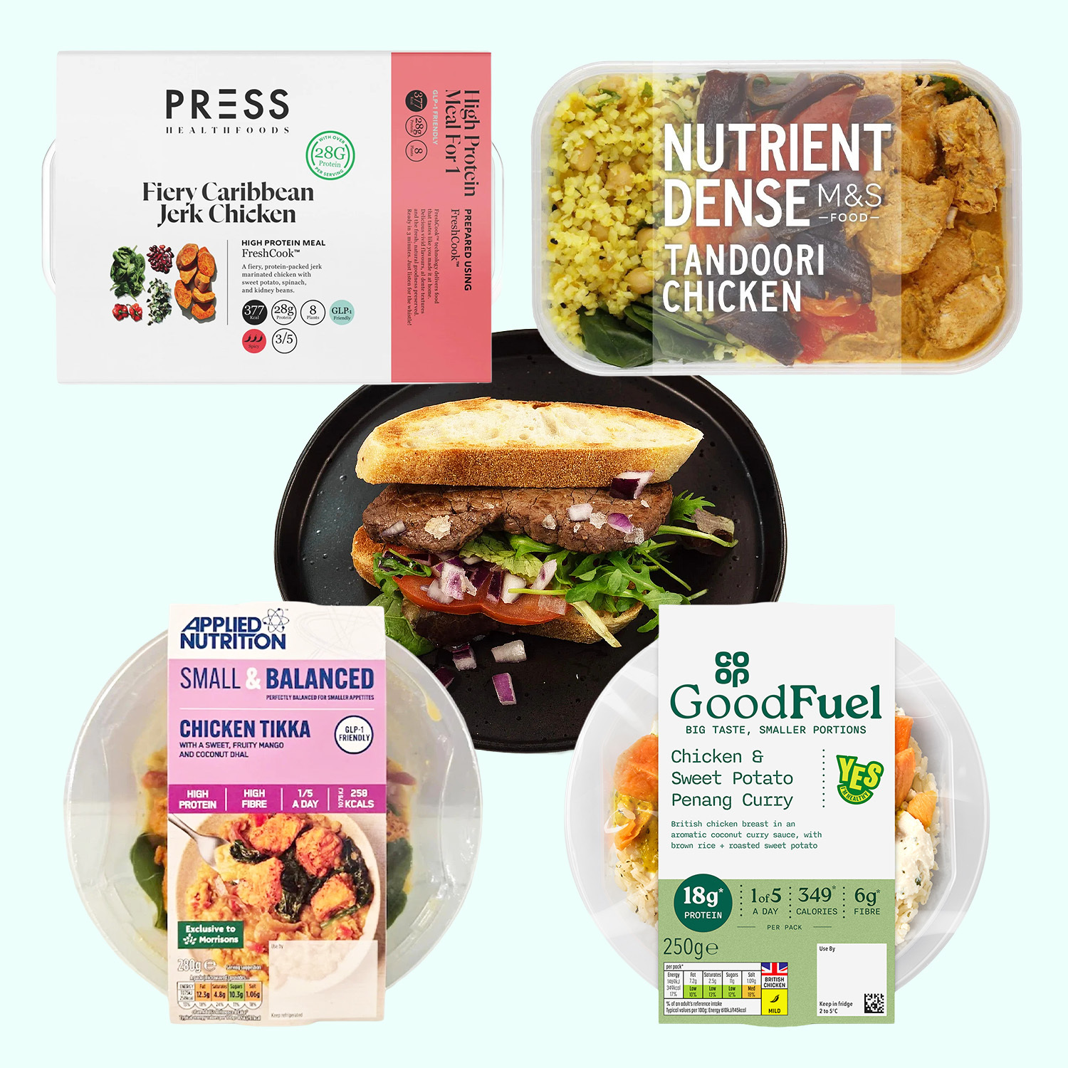 Collage of various "healthy" processed and ready-made meals and a burger.