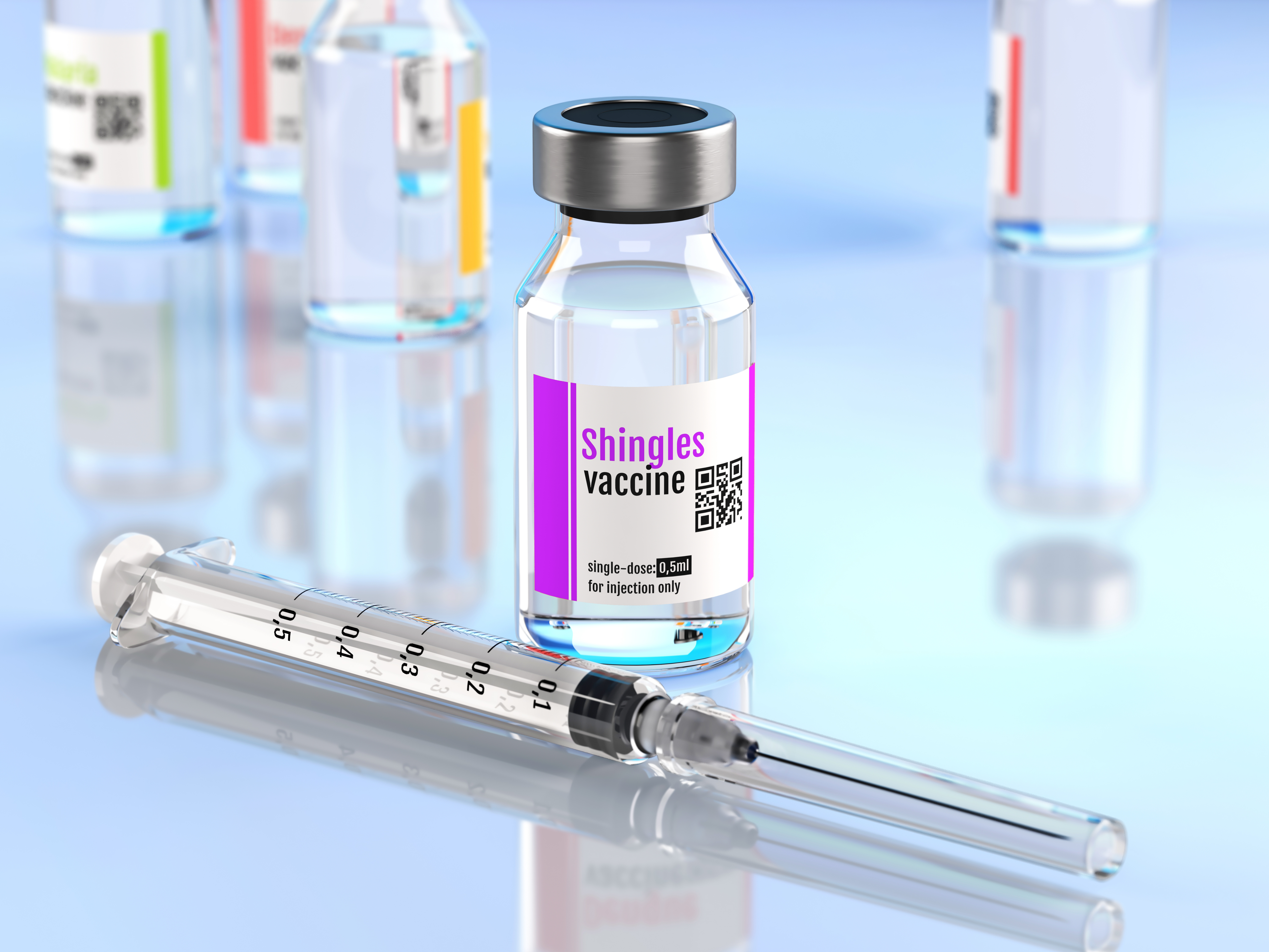 Illustration of a single-dose vial of Shingles vaccine and a syringe.