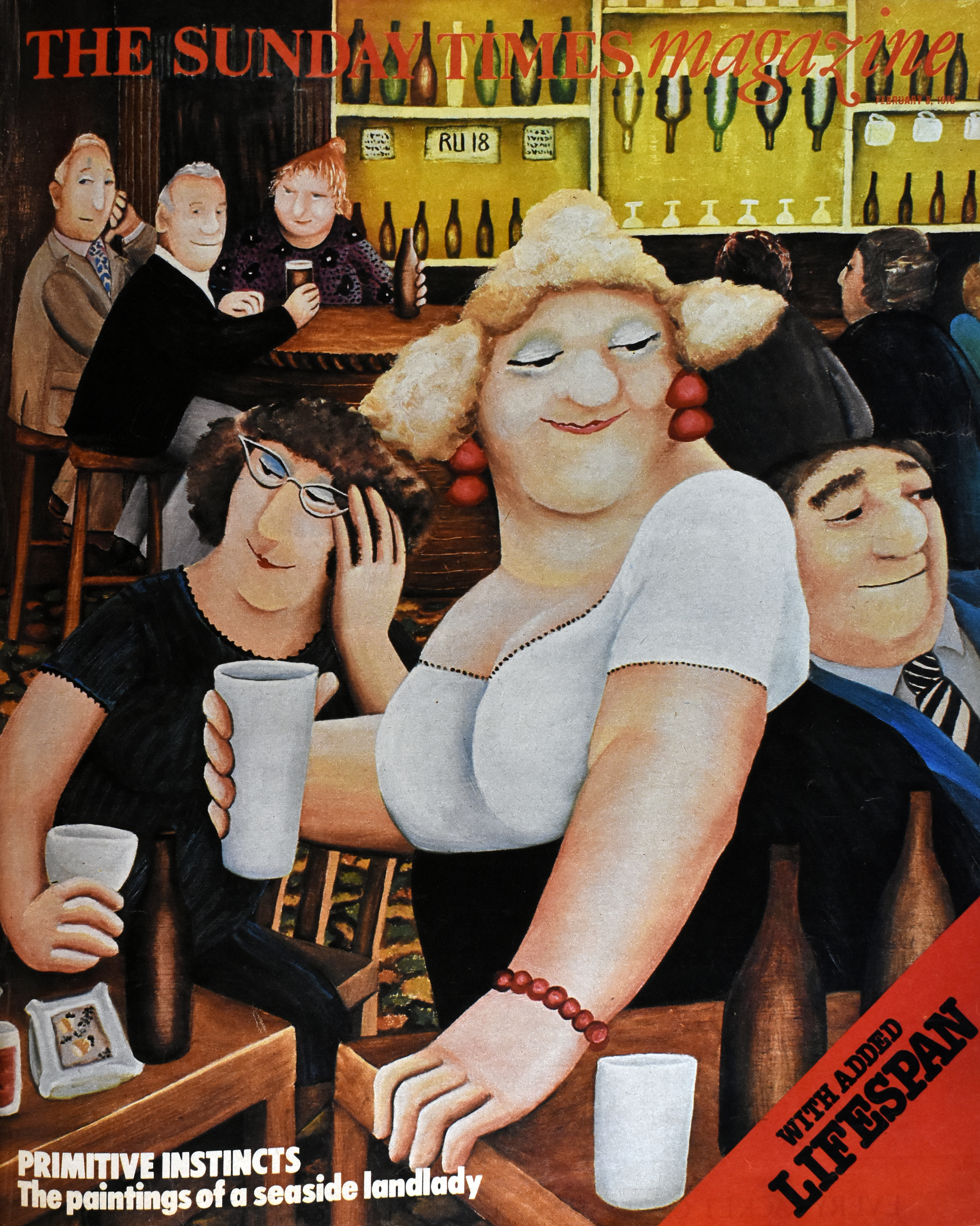 Illustration of people in a pub, with two women and one man in the foreground, and other patrons in the background.