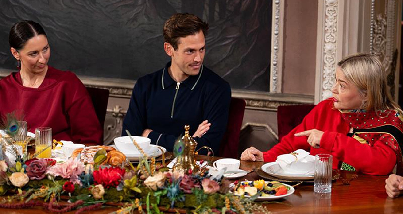 Rachel, Sam, and Harriet at breakfast in BBC1's The Traitors.