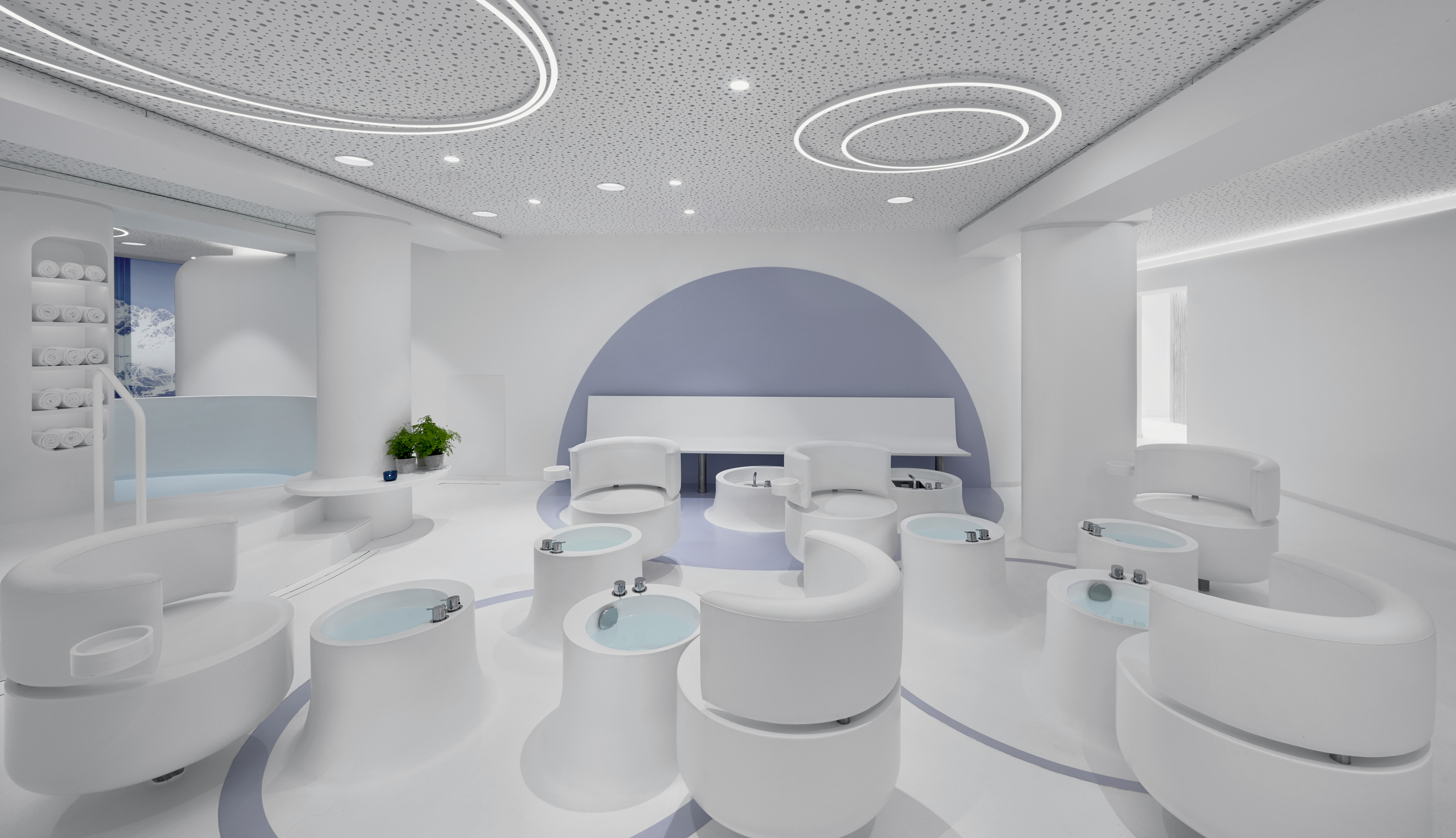 Illustration of a minimalist spa with white curved seating and foot baths with blue water.