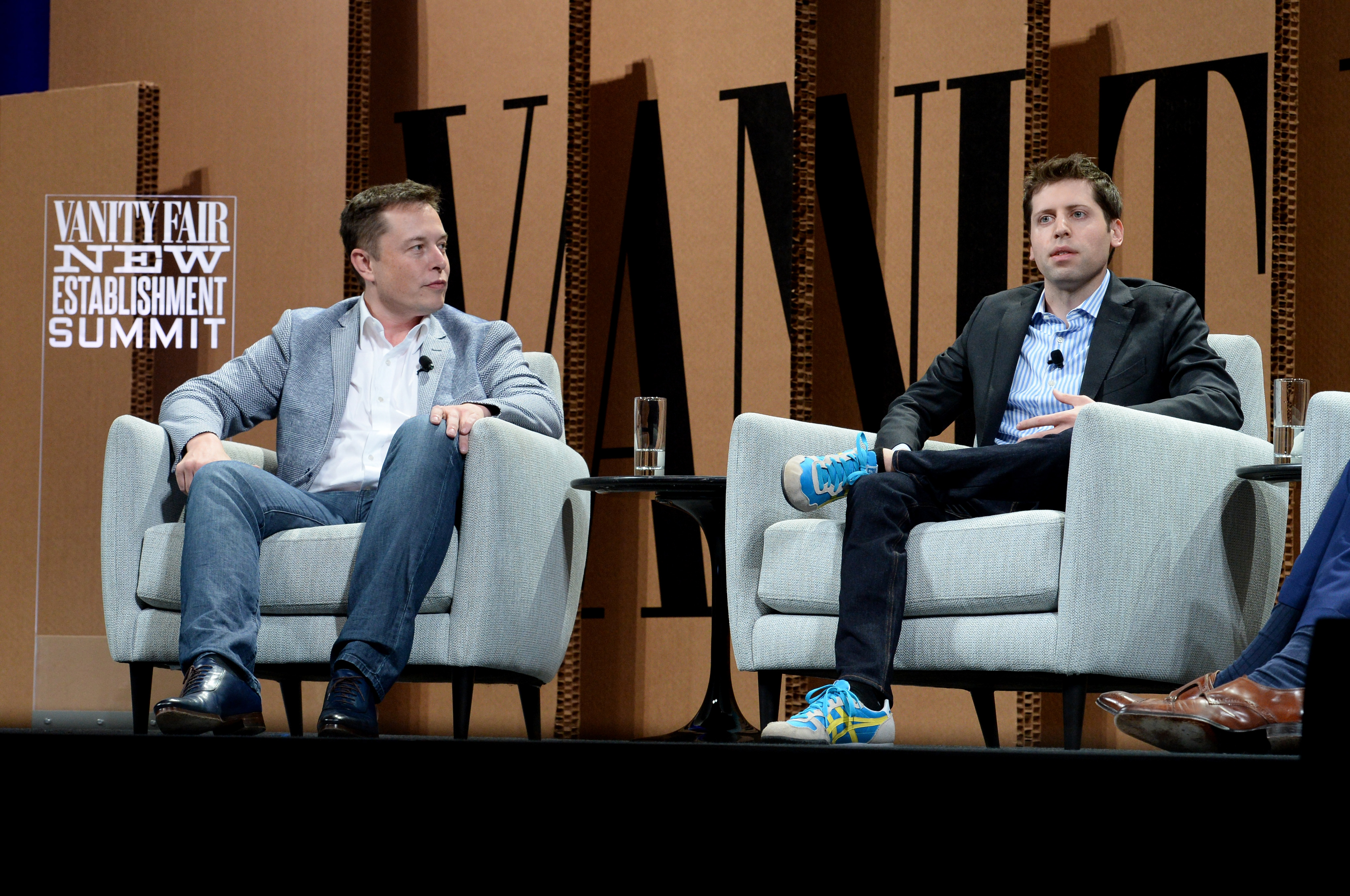 Elon Musk and Sam Altman speaking at the Vanity Fair New Establishment Summit.
