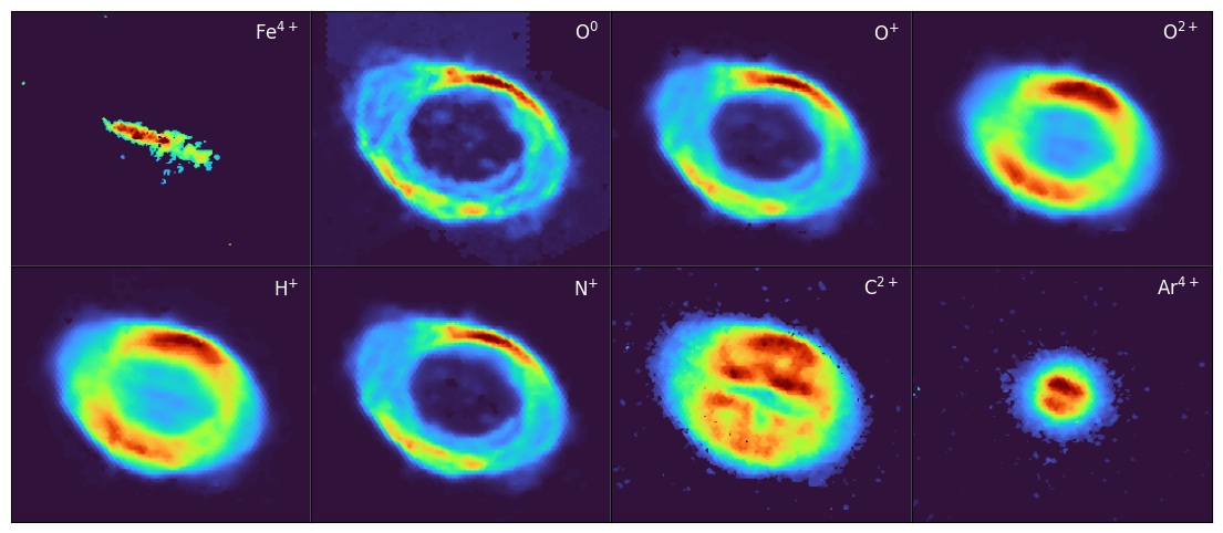 Illustration of eight different emission-line images of the Ring Nebula, each showing the brightness of specific elements in brown-red, yellow, green, and blue.