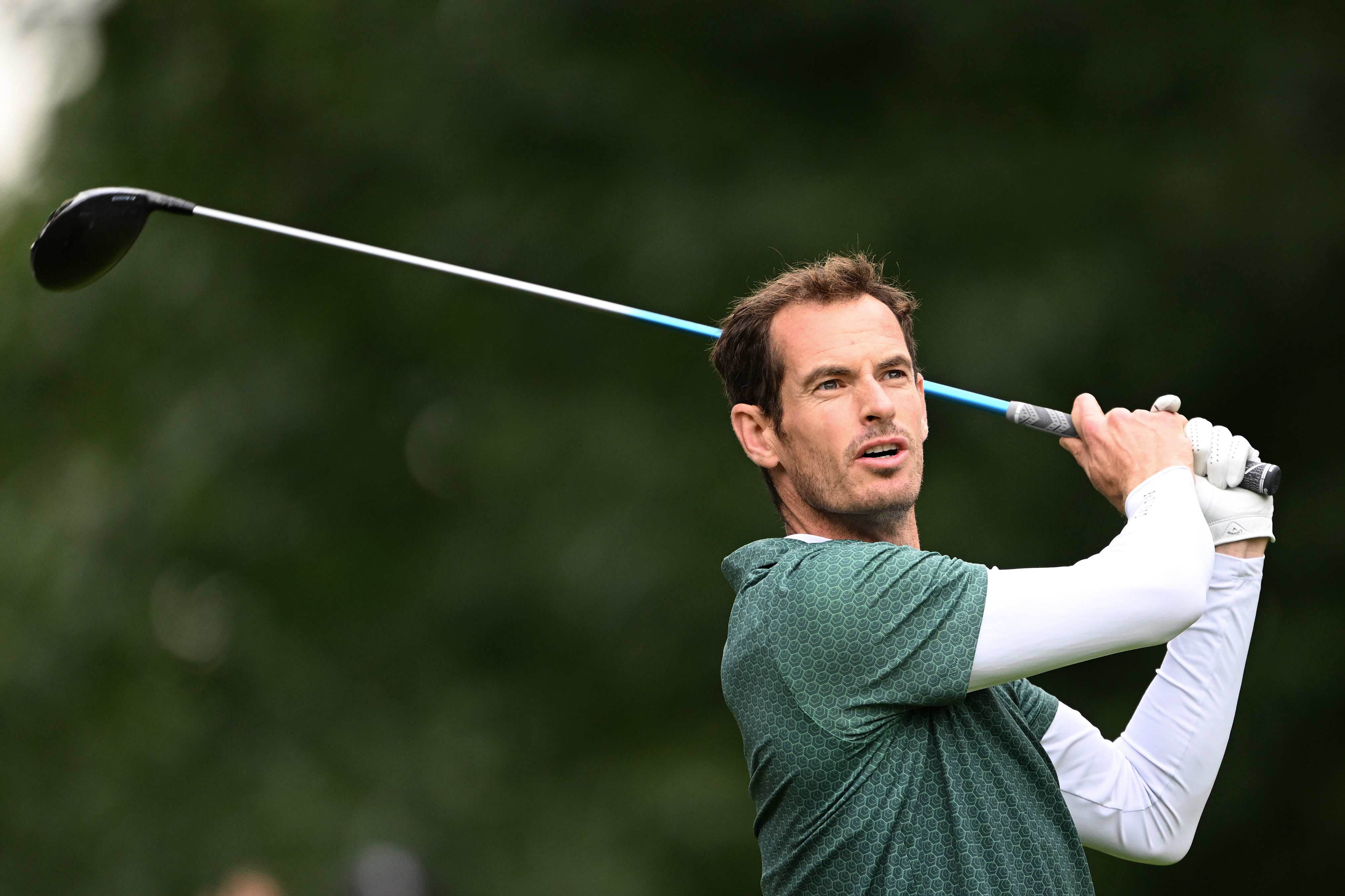 Andy Murray teeing off on the fourth hole during the Pro-Am at the BMW PGA Championship 2024.