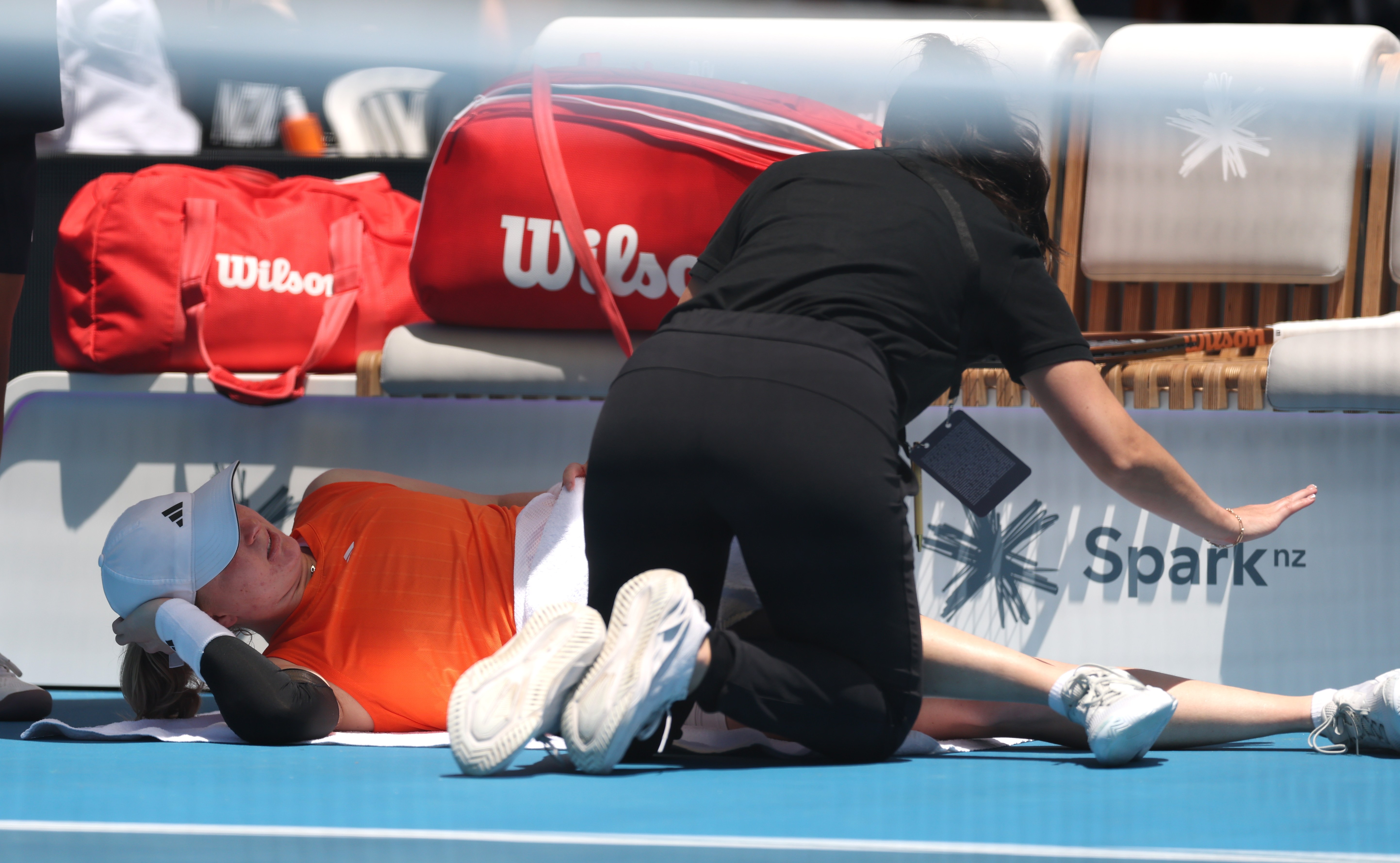 Francesca Jones of Great Britain receives a medical timeout during a quarterfinal match at the ASB Classic.