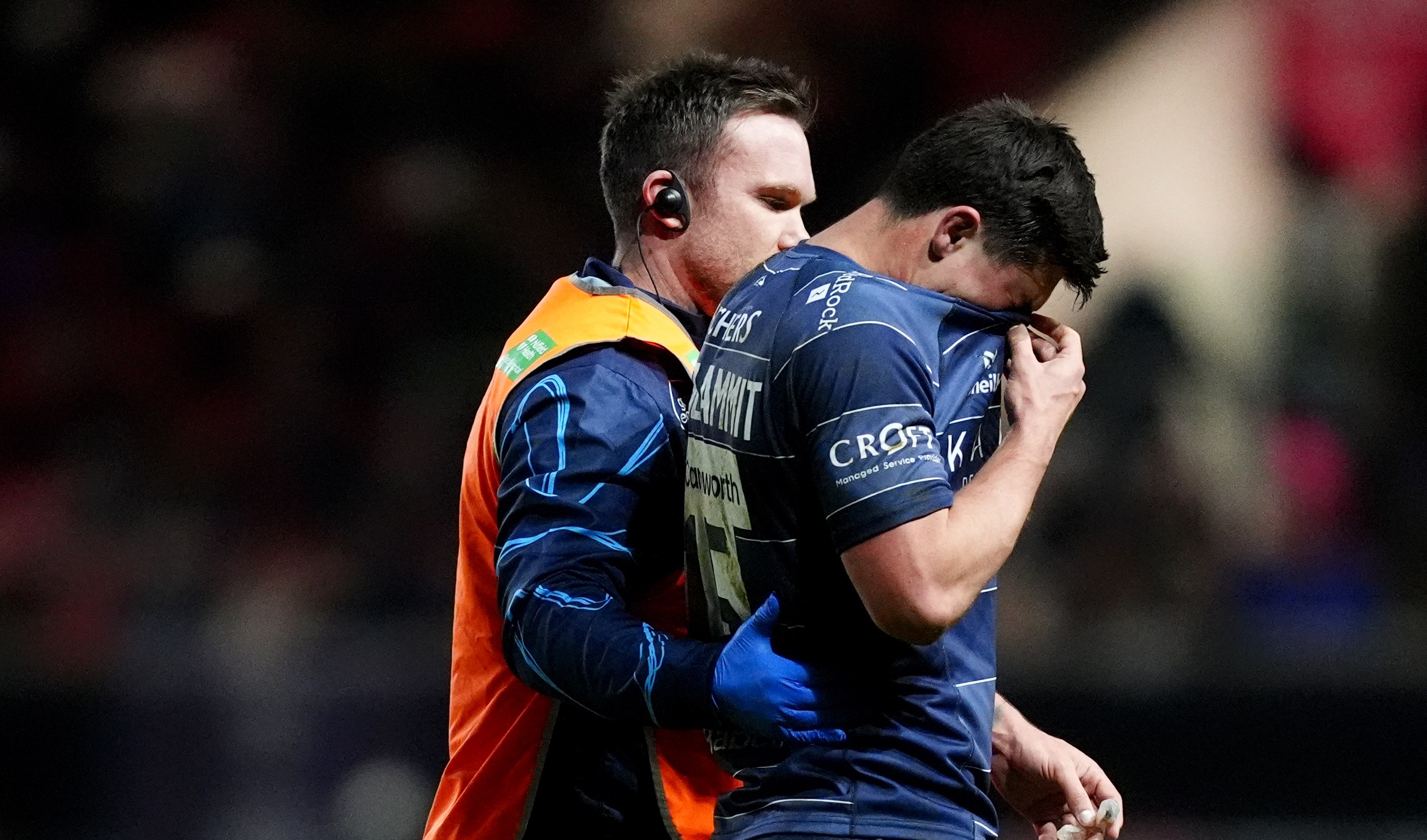 Bristol's Louis Rees-Zammit goes off injured during the Gallagher PREM match.