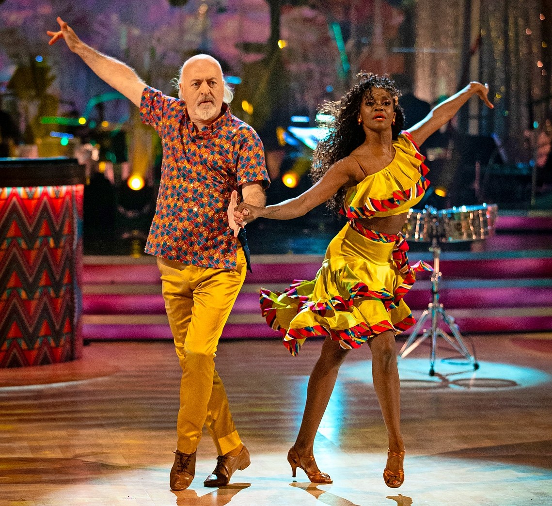 Bill Bailey and Oti Mabuse dancing during "Strictly Come Dancing" Live Show 1.