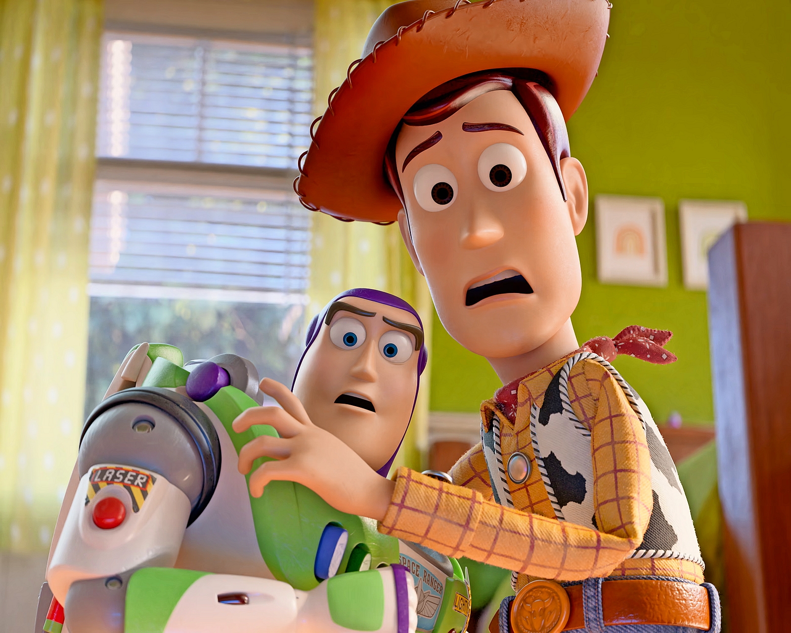 Illustration of Woody and Buzz Lightyear looking surprised or scared.