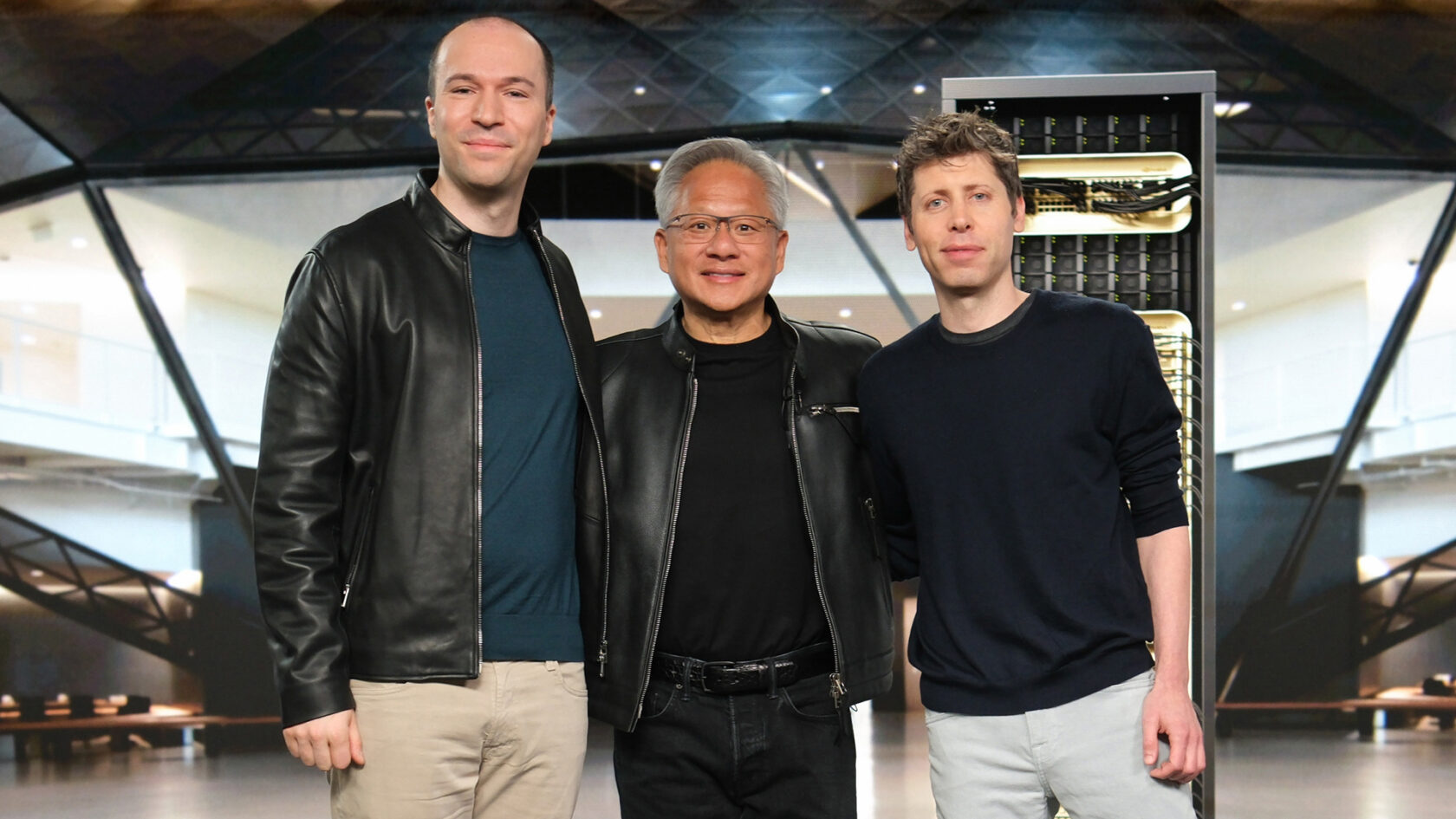 OpenAI President Greg Brockman, NVIDIA Founder and CEO Jensen Huang, and OpenAI CEO Sam Altman.