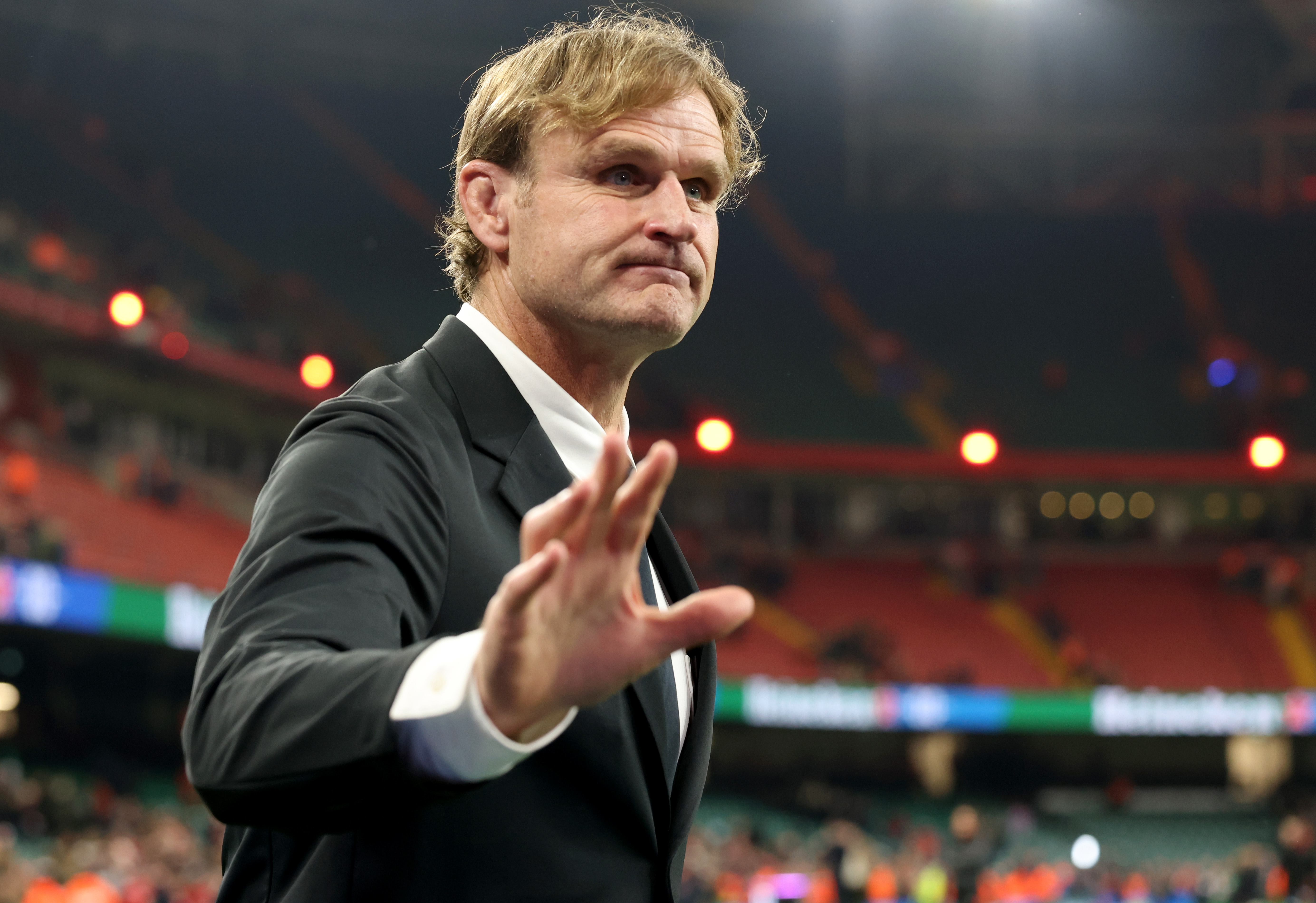 New Zealand head coach Scott Robertson acknowledges the crowd.