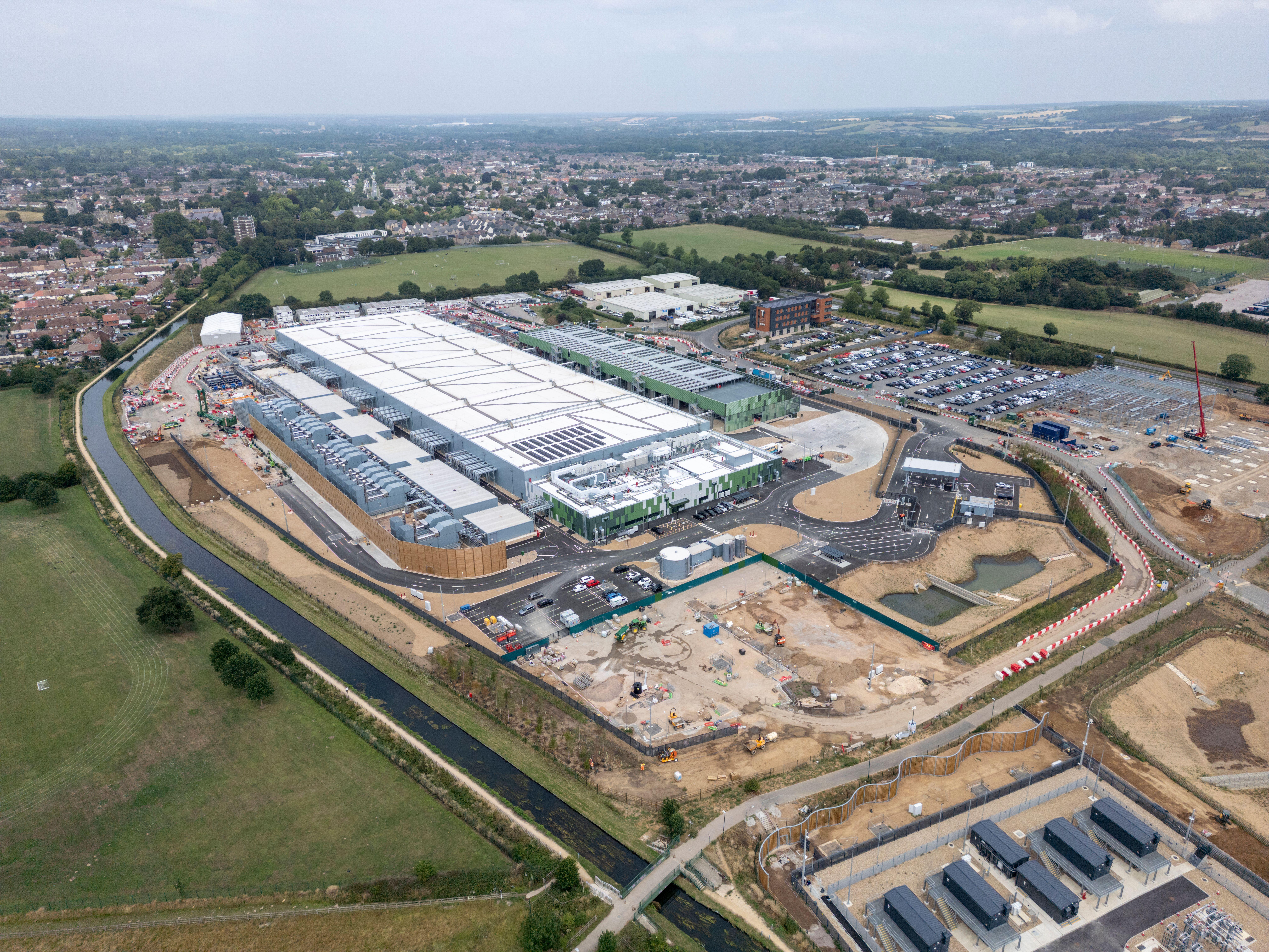 Aerial view of the new Google data center under construction in Waltham Cross, UK.