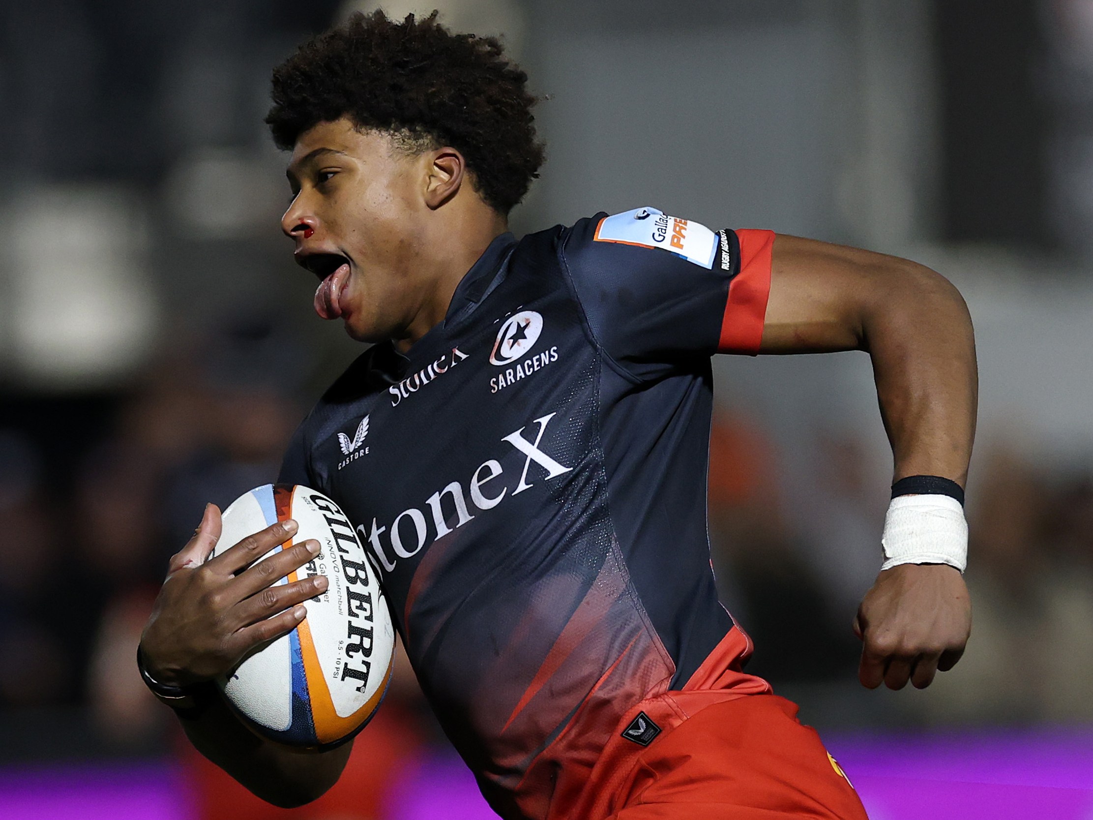 Noah Caluori of Saracens scores his 5th try.