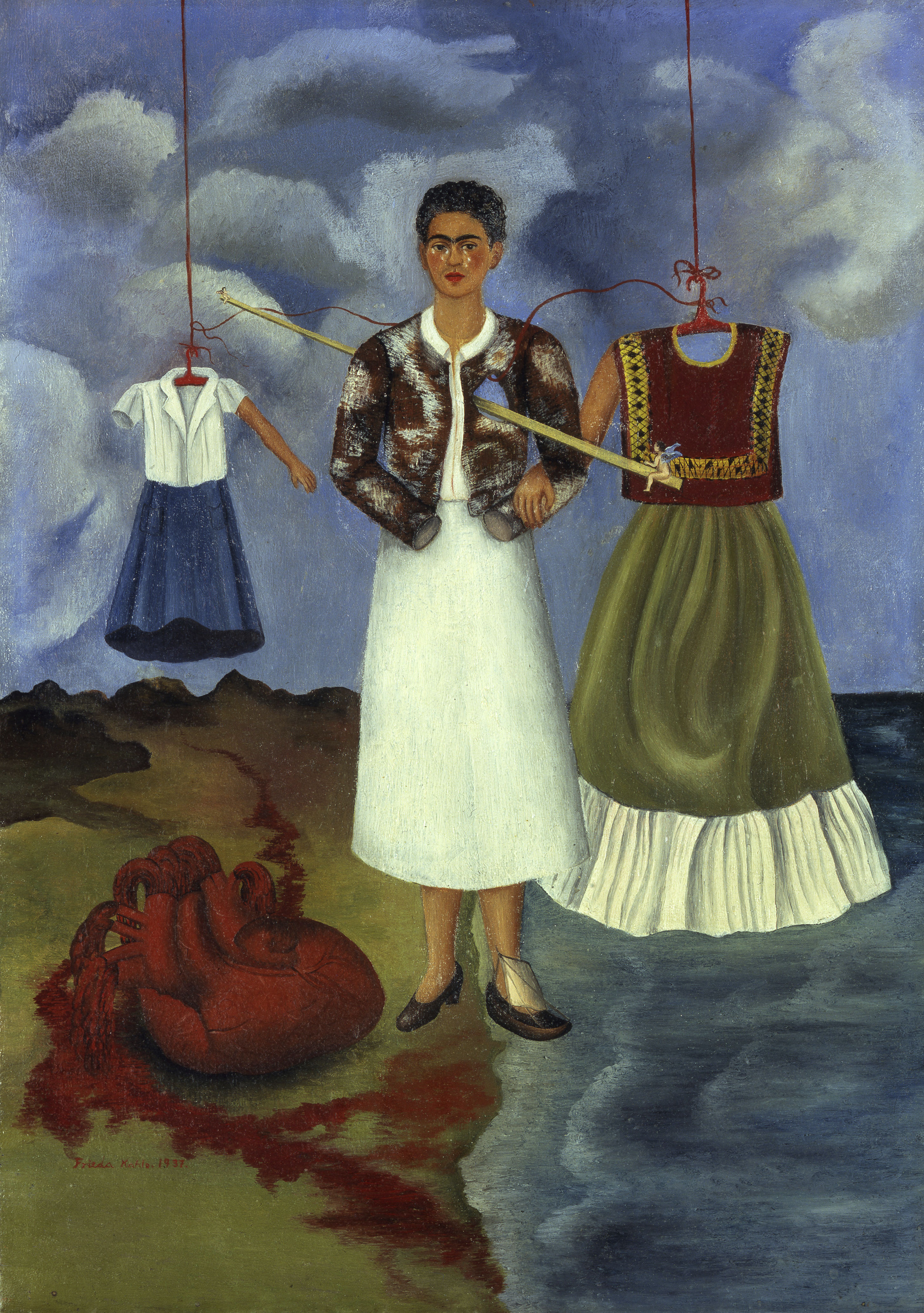 Illustration of Frida Kahlo's "Memory (The Heart)" painting, showing Frida in a jacket and white skirt, with two other outfits hanging on either side of her, her heart on the ground, and blood flowing into the ocean.