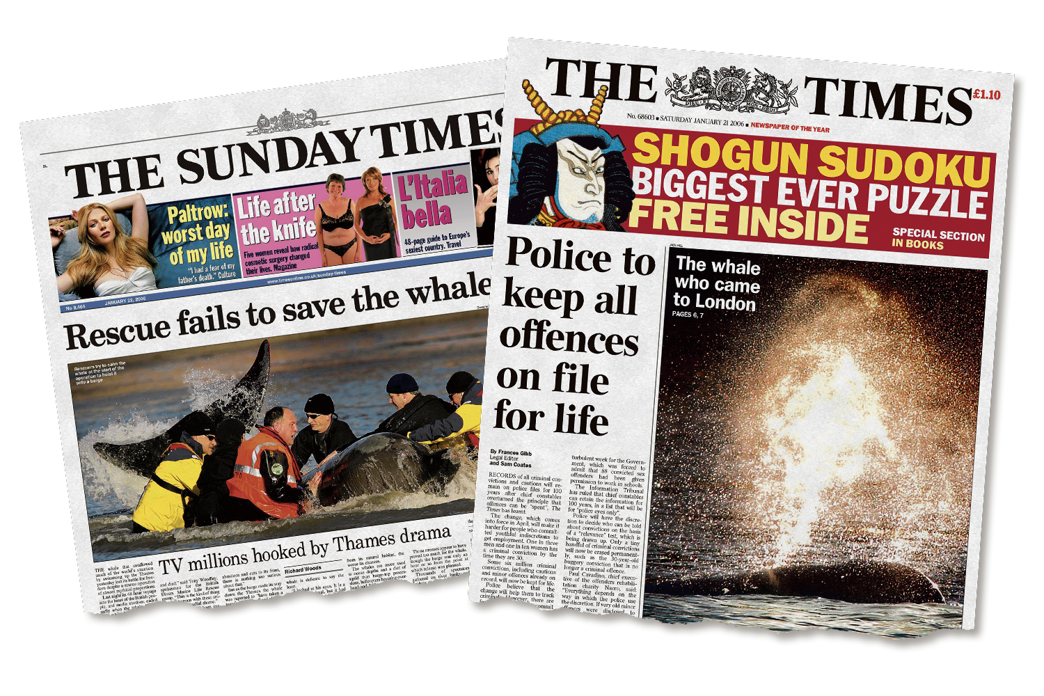 Collage of two newspapers with front-page headlines and images.