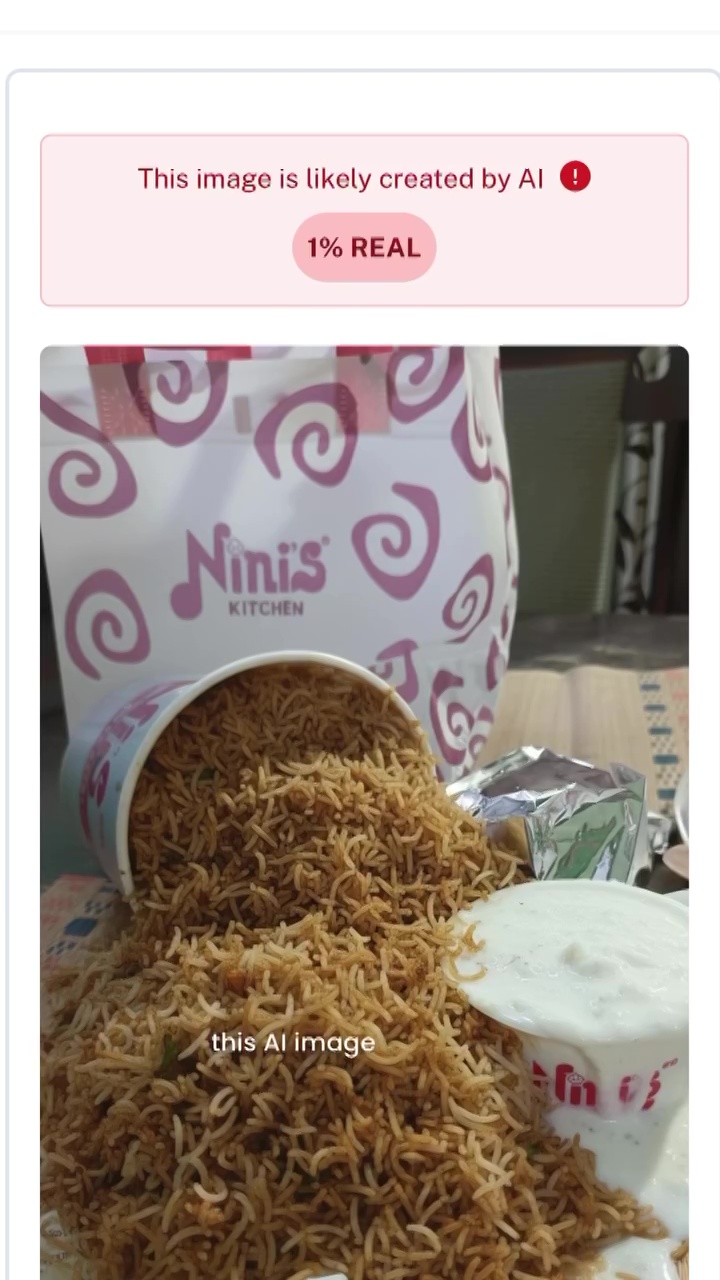 Image of food from Nini's Kitchen, with text indicating "This image is likely created by AI" and "1% REAL."