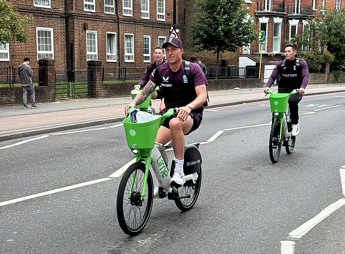 England cricketers Harry Brook, Brydon Carse, and Matthew Potts arrive on Lime bicycles before their match against West Indies.