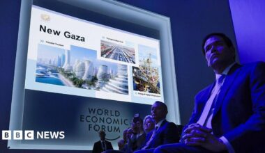 Secretary of State Marco Rubio listens to a presentation about US plans for the "New Gaza", during the signing ceremony for President Donald Trump's new Board of Peace, at the World Economic Forum in Davos, Switzerland (22 January 2026)