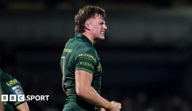 Cian Prendergast celebrates winning a penalty