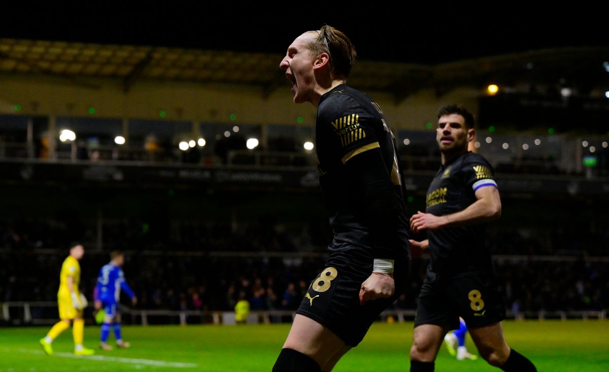 Ronan Curtis celebrates after he provided an assist for one of Argyle's goals in their 4-3 Vertu Trophy win against Bristol Rovers at the Memorial Stadium on January 13, 2026 - Photo: Tom Sandberg/PPAUK