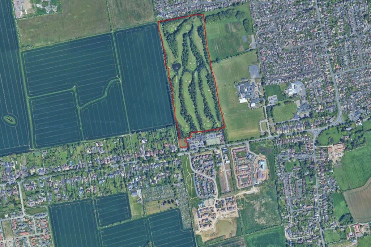 Humberston Country Club golf course aerial view - 249 homes are suggested to replace the course, bracketed in red.