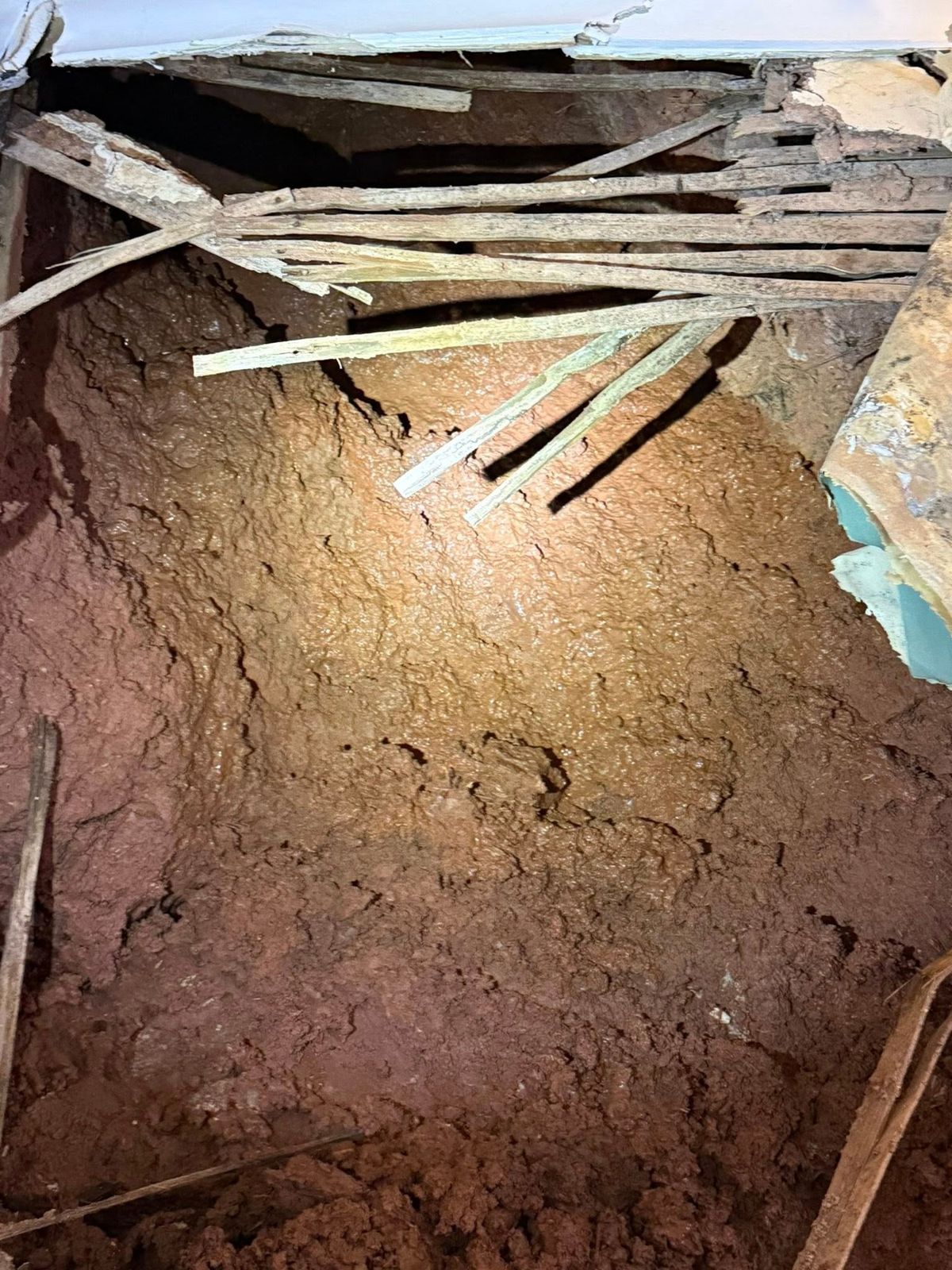 A partial wall collapse at The Thorverton Arms.