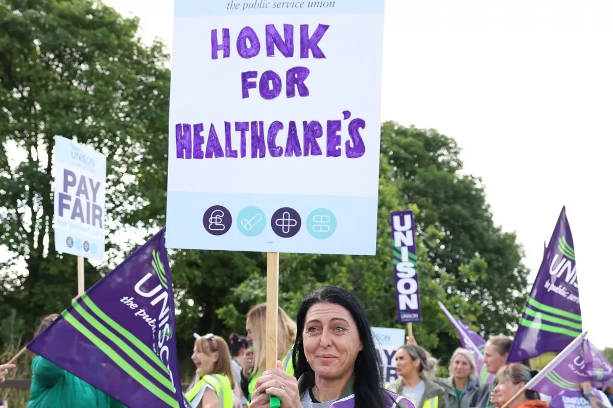 Healthcare Assistants employed by Northumbria Healthcare NHS Foundation Trust who are members of UNISON taking part in a 48-hour strike at  Northumbria Specialist Emergency Care Hospital in Cramlington