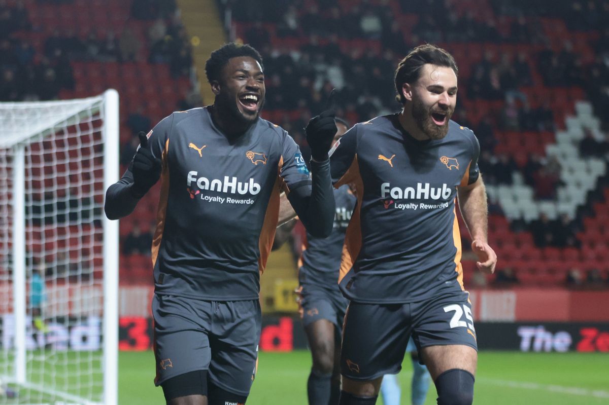 Derby County's Patrick Agyemang (left) and Ben Brereton Diaz celebrate