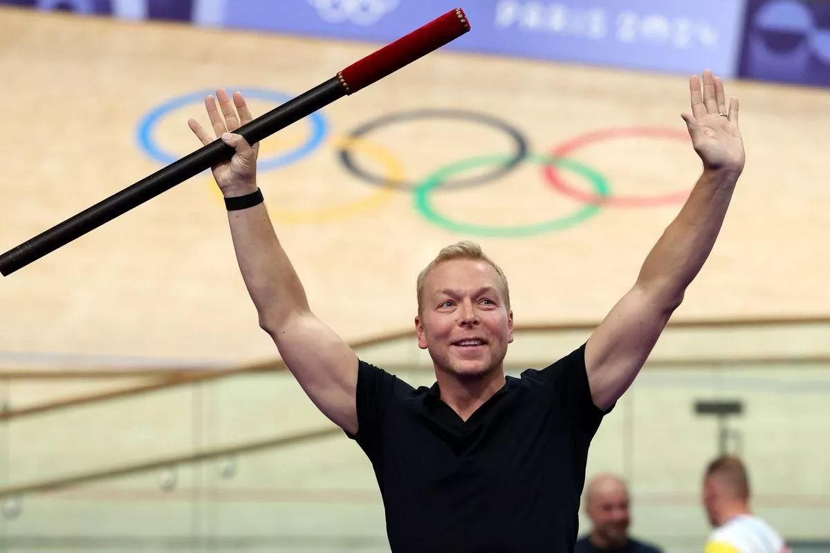 Sir Chris Hoy, former professional cyclist, performs the Coup de Baton ceremony prior to the Men's Sprint, Finals on day fourteen of the Olympic Games Paris 2024 at Saint-Quentin-en-Yvelines Velodrome 