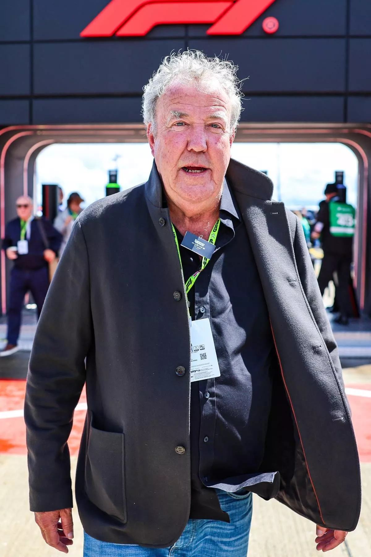 NORTHAMPTON, ENGLAND - JULY 7: Jeremy Clarkson arrives in the paddock during the F1 Grand Prix of Great Britain at Silverstone Circuit on July 7, 2024 in Northampton, United Kingdom. (Photo by Kym Illman/Getty Images)
