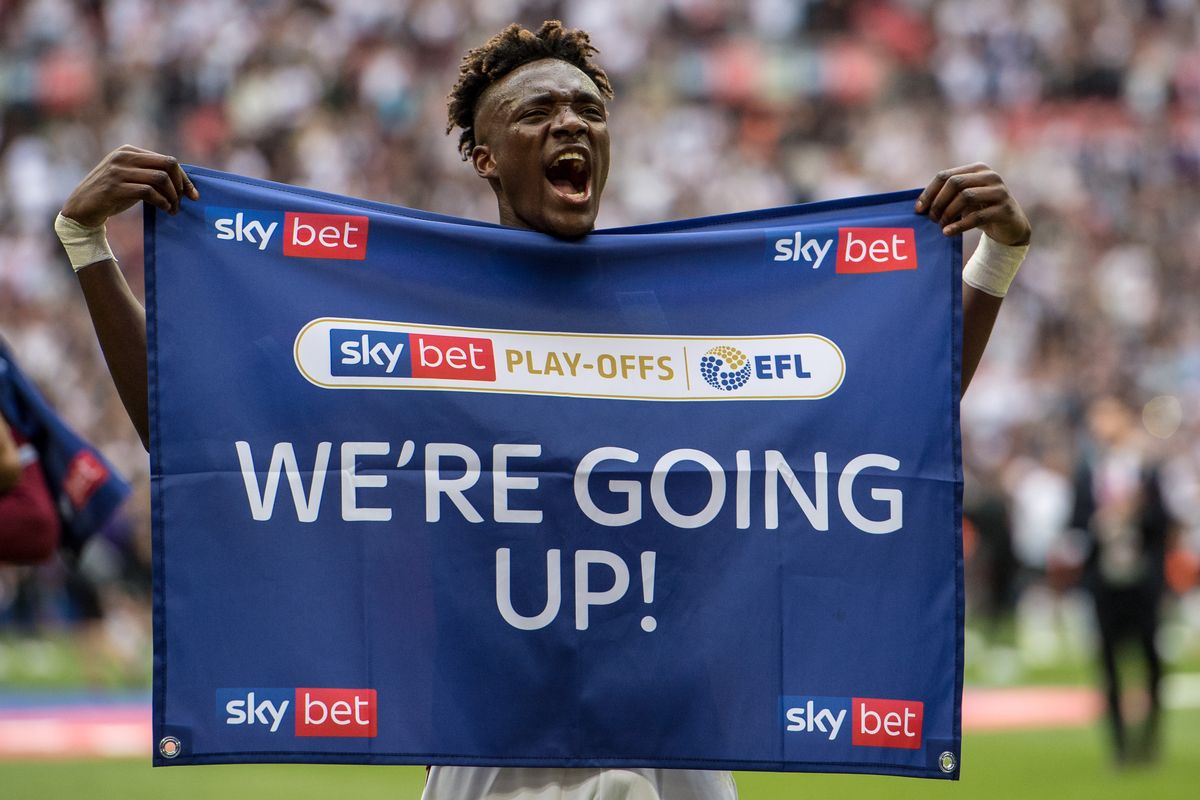 Tammy Abraham of Aston Villa celebrate during the Sky Bet Championship Play-off Final match between Aston Villa and Derby County at Wembley Stadium on May 27, 2019 in London, United Kingdom
