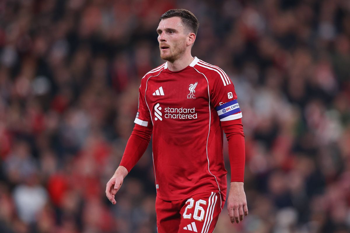 Andrew Robertson of Liverpool during the Carabao Cup Third Round match between Liverpool and Southampton at Anfield on September 23, 2025 in Liverpool, England.