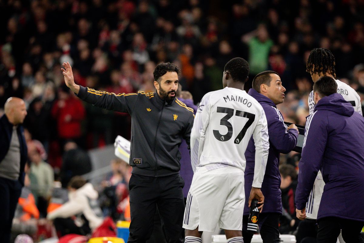 Manchester United Head Coach / Manager Ruben Amorim reacts to Robbie Mainoo of Manchester United during the Premier League match between Liverpool and Manchester United at Anfield on October 19, 2025 in Liverpool, United Kingdom