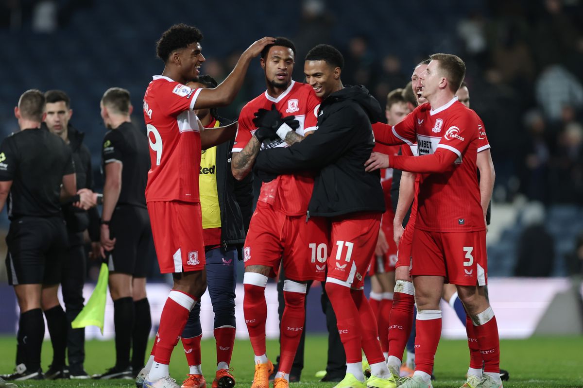 Delano Burgzorg of Middlesbrough celebrates with teammates
