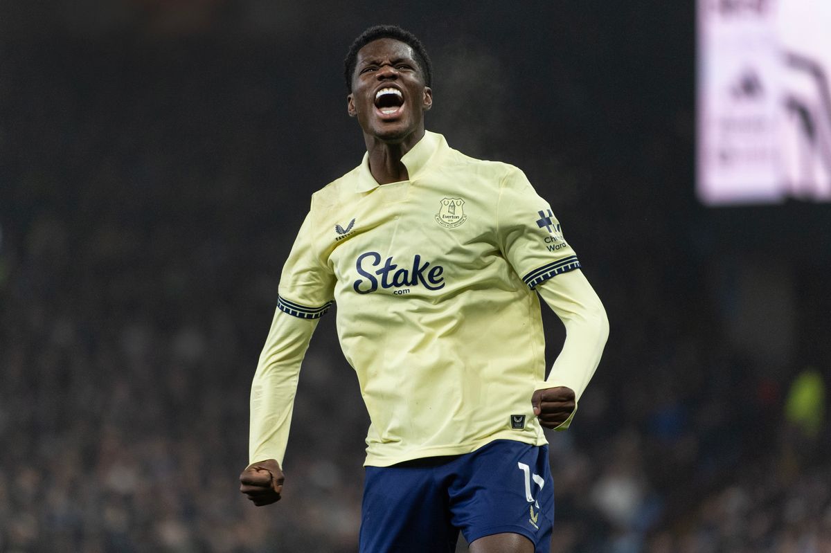 Thierno Barry celebrates his superb match winner at Aston Villa . Photo by Visionhaus/Getty Images