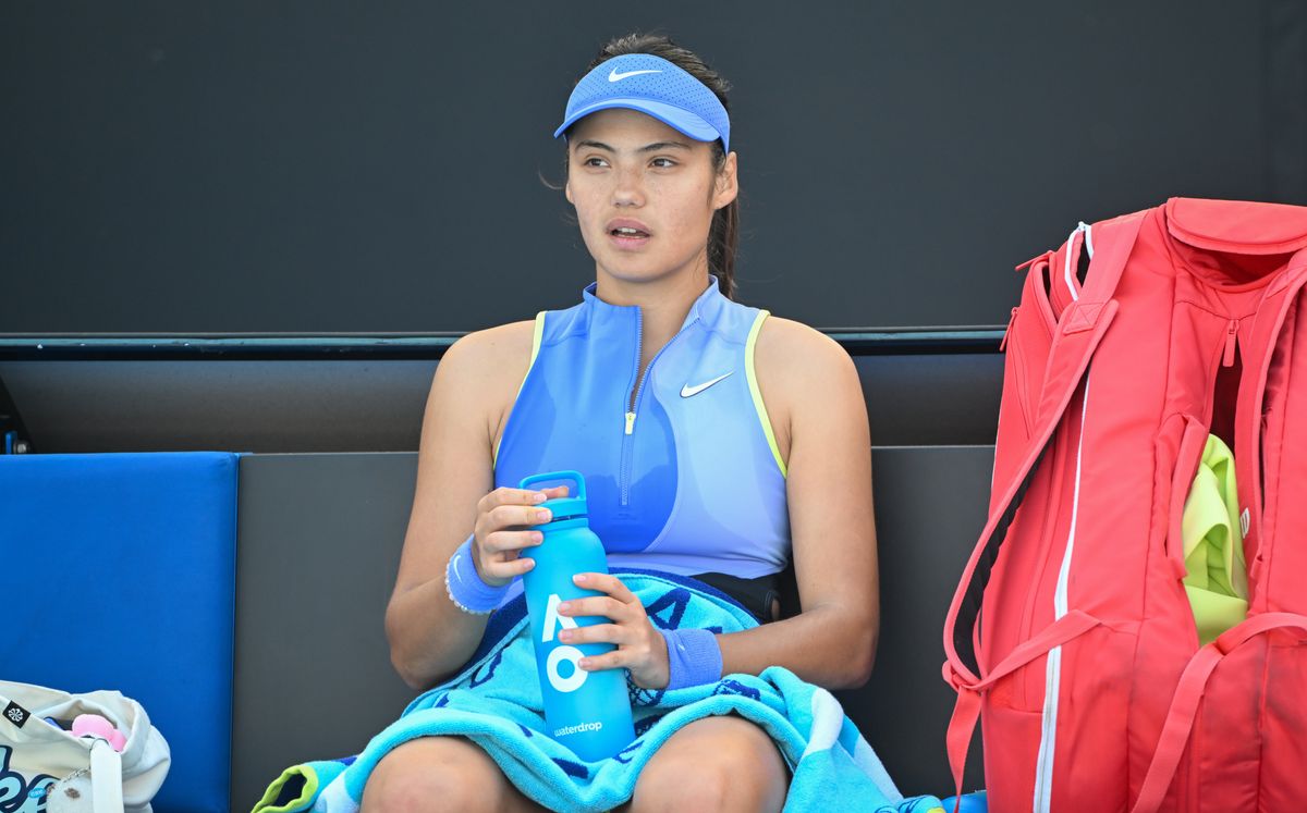 Emma Raducanu of Great Britain reacts back in her seat after losing a point in the final set against Anastasia Potapova of Austria in the Women's Singles Second Round during day four of the 2026 Australian Open at Melbourne Park on January 21, 2026 in Melbourne, Australia.
