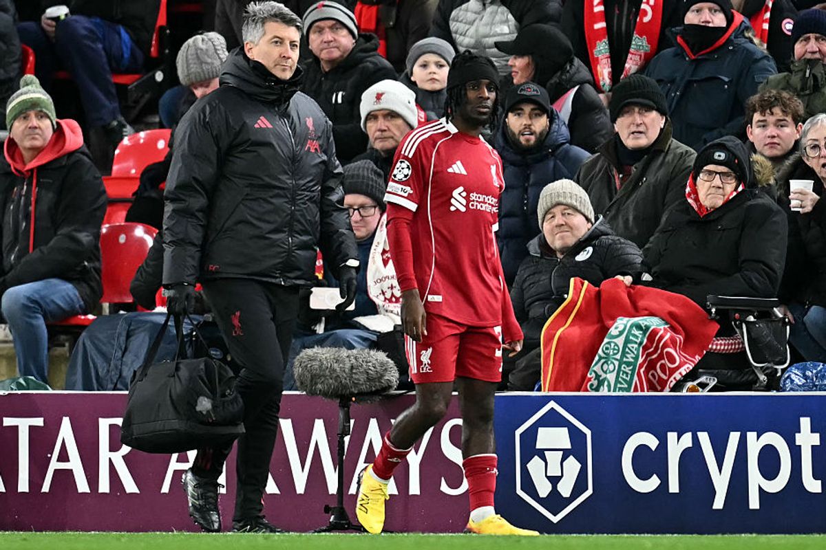 Liverpool's Dutch defender #30 Jeremie Frimpong leaves the pitch with an injury during the UEFA Champions League football match between Liverpool and Qarabag at Anfield in Liverpool, north west England on January 28, 2026. (Photo by Paul ELLIS / AFP via Getty Images)