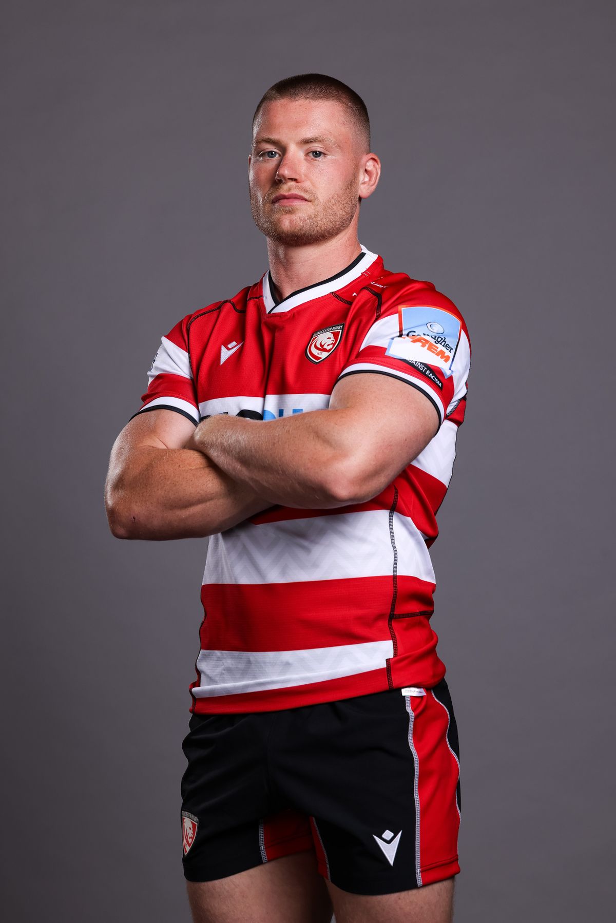 GLOUCESTER, ENGLAND - AUGUST 13: Jack Mann of Gloucester Rugby poses for a portrait during the squad photocall for the 2025-2026 Gallagher Prem Rugby season at Kingsholm Stadium on August 13, 2025 in Gloucester, England. (Photo by Barrington Coombs/Getty Images)