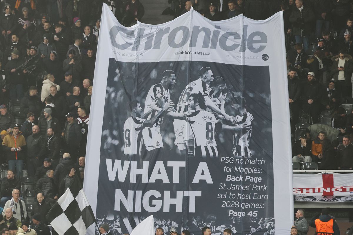 Chronicle back pages in a Wor Flags display at Newcastle United vs PSV Eindhoven in the Champions League group league stage at St. James' Park
