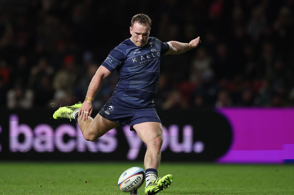 James Williams of Bristol Bears kicks a conversion to beat Sale Sharks