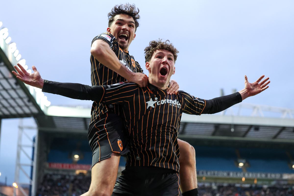 Hull City's Lewis Koumas celebrates scoring with Kyle Joseph