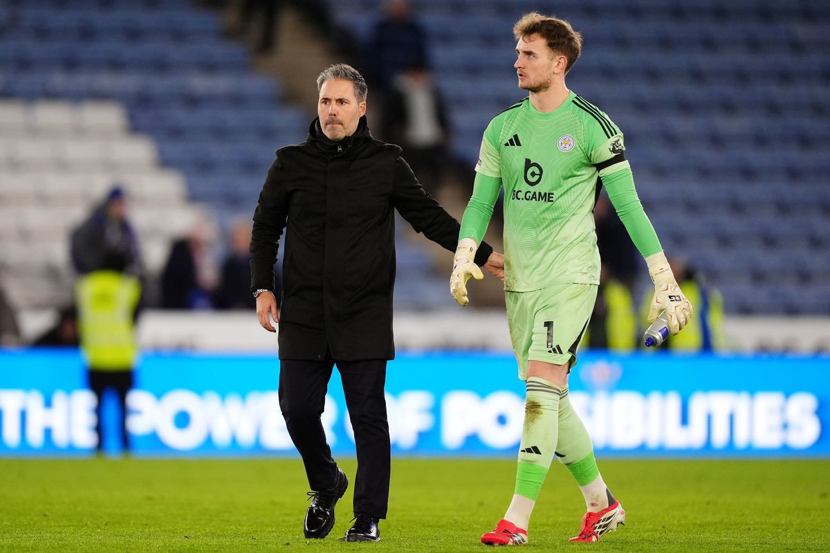Marti Cifuentes with Jakub Stolarczyk after Leicester City's 2-1 defeat to Oxford